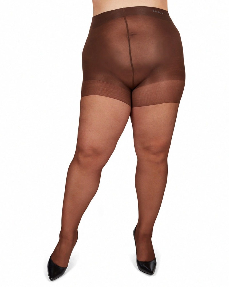 Front of a model wearing a size 7X Energizing Plus Size Curvy Control Top Pantyhose in French Coffee by Memoi. | dia_product_style_image_id:299740